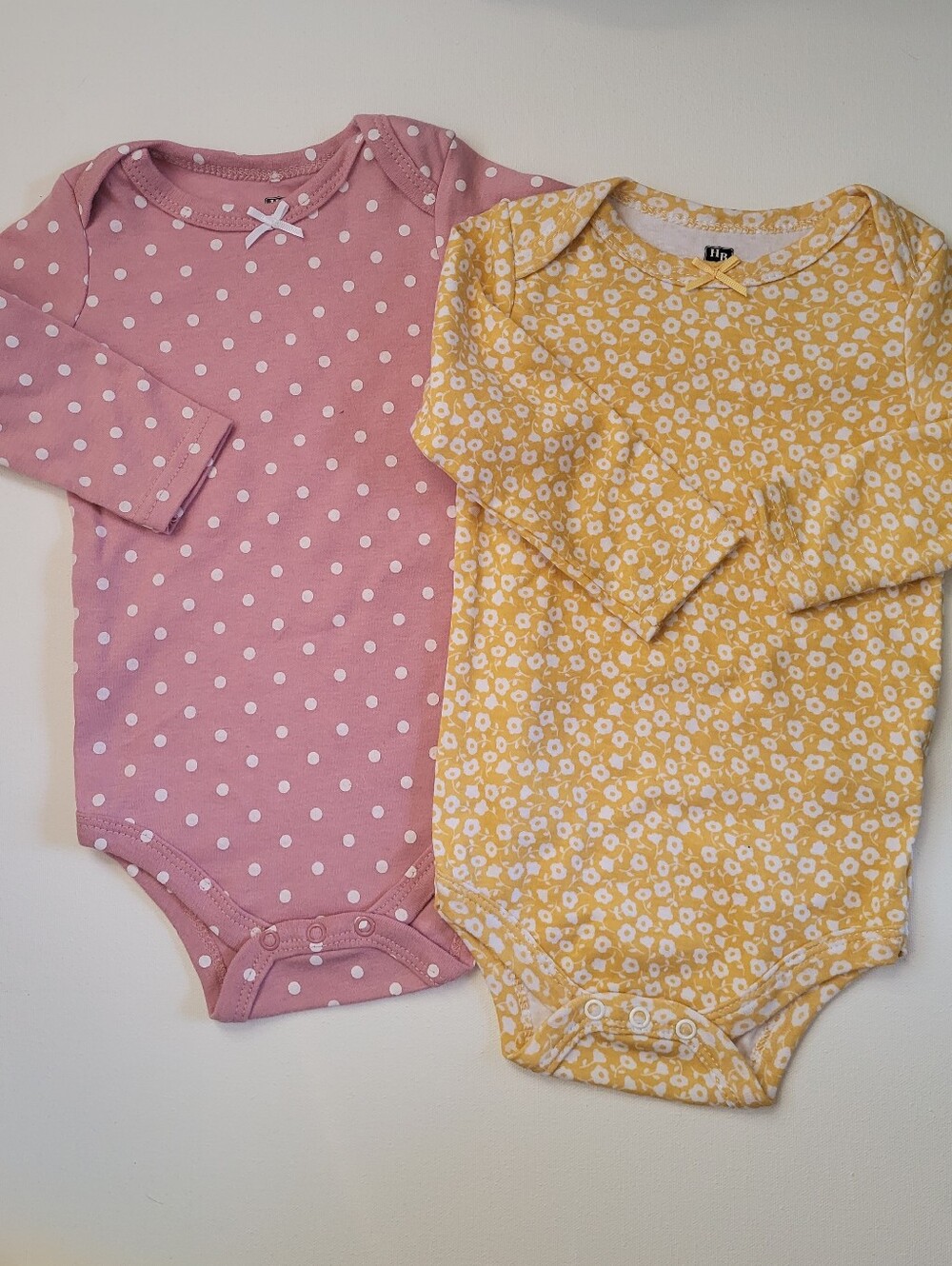 3-6m Long-Sleeve Pink Polka Dot And Yellow Floral Bodysuits - NWOT